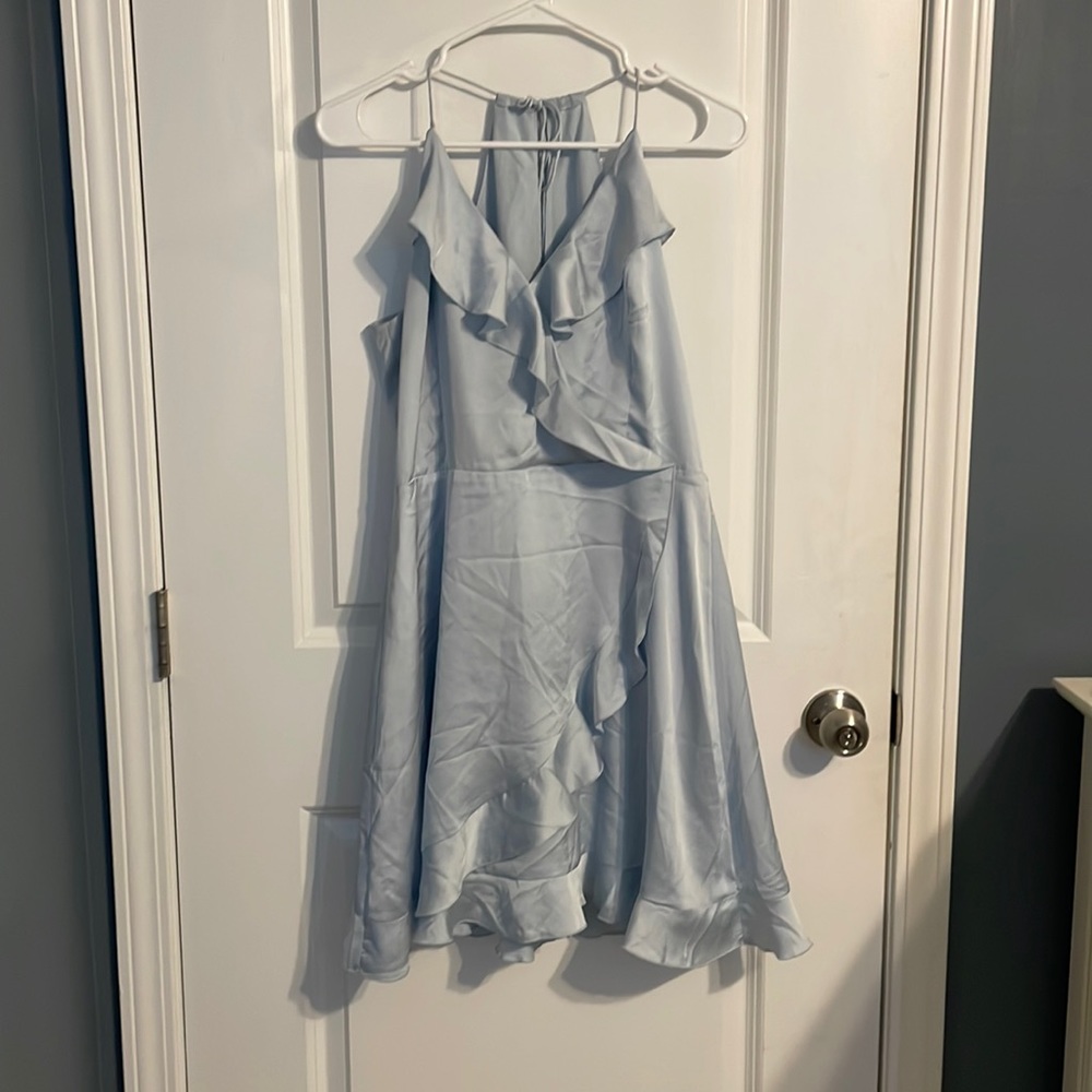 Light blue silky mock wrap dress, size L